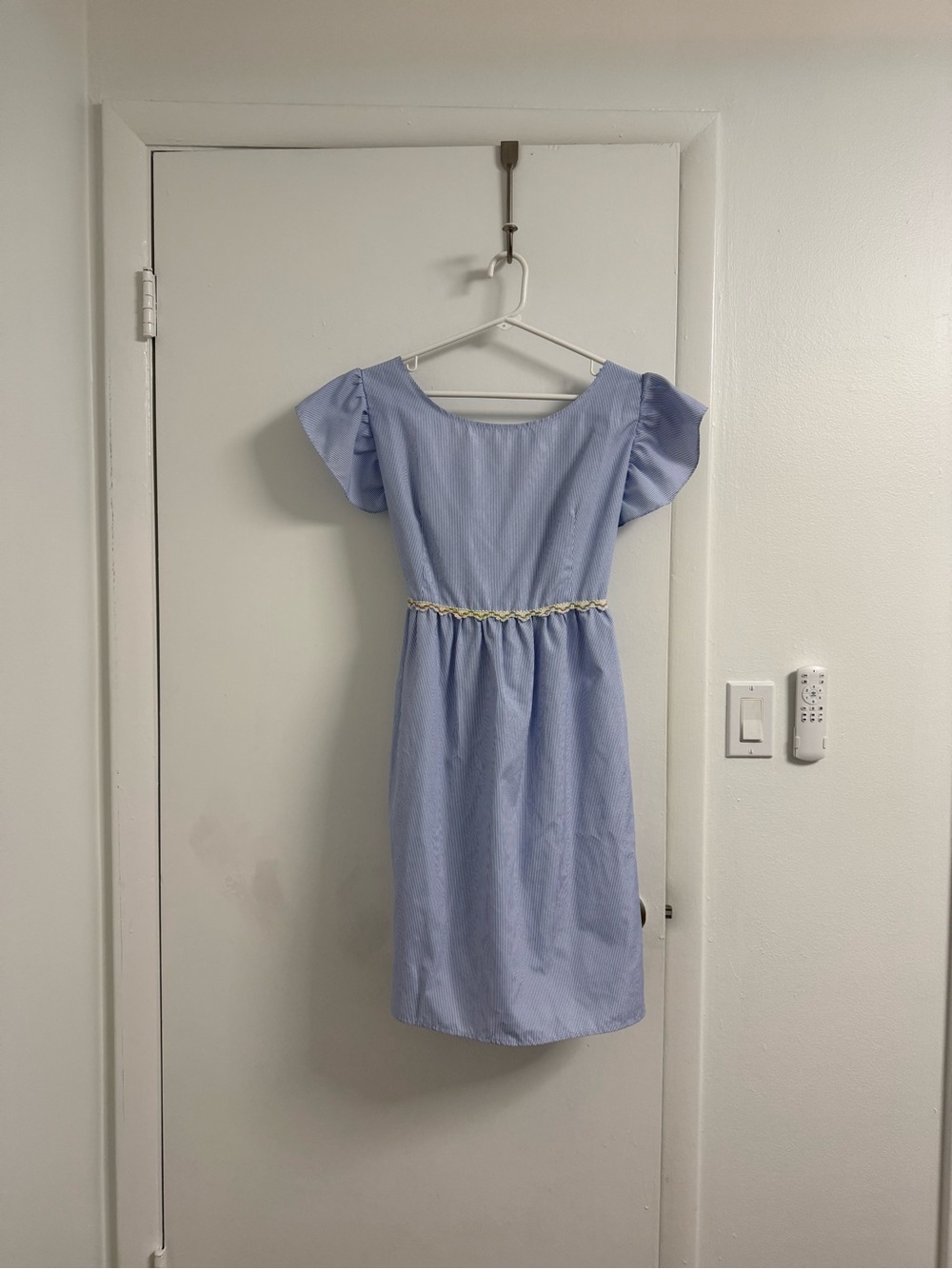 Light Blue and White Stripe Ruffle Sleeve Dress. Cute and Preppy. Whimsical.